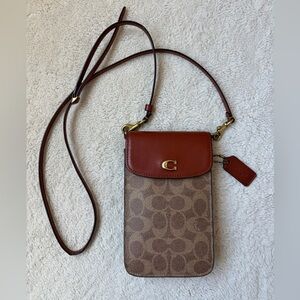 Coach Phone Crossbody in Signature Tan Rust Canvas and Leather